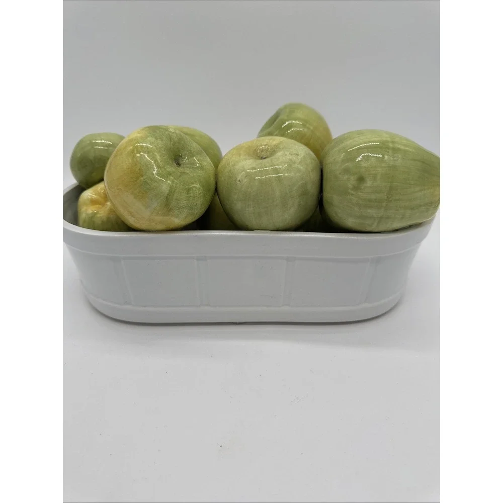 Vintage Italy Ceramic Basket Of Green Apples In Basket 9 Apples 13